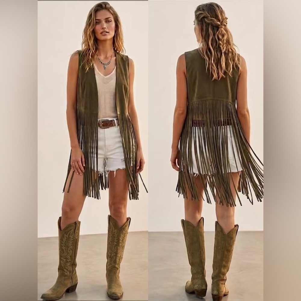 FATE Woodstock Olive Green Faux Suede Fringe Vest Western Festival Boho  Small